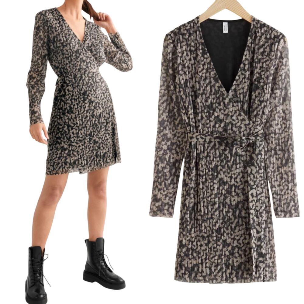 & Other Stories Pleated Wrap Mini Dress Long Sleeve Abstract Print Black Beige 8